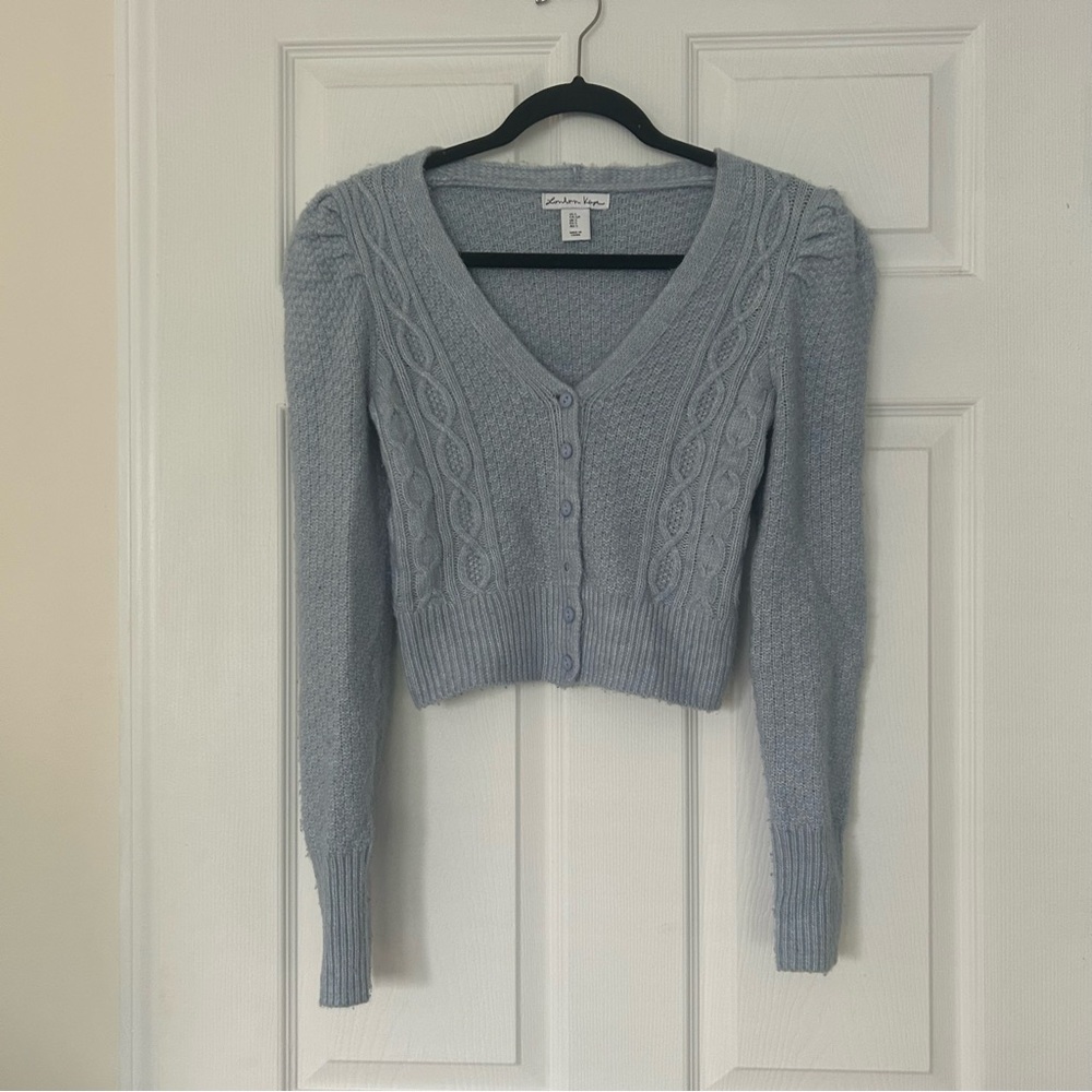 Soft Powder Blue Cable Knit Cardigan – Size Small